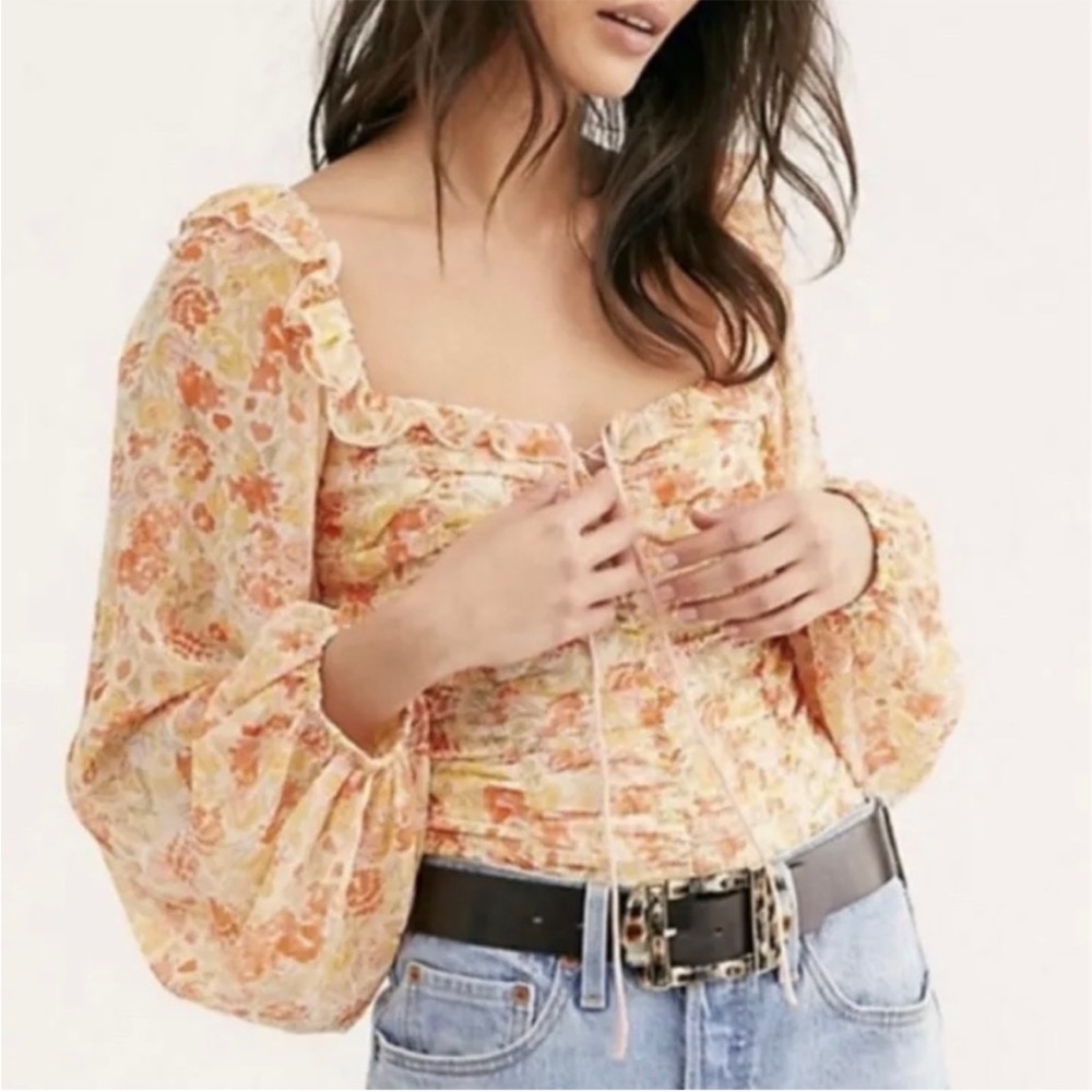 Free People NWT Mabel Ruched Print Blouse Size Large - Picture 3 of 14